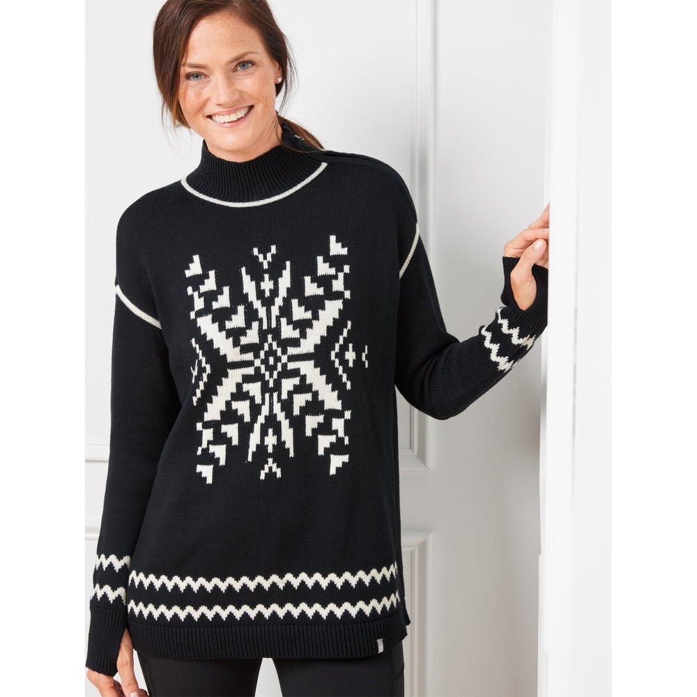 Talbots Sweater Womens Medium Thermolite Snowflake Turtleneck Black White Knit